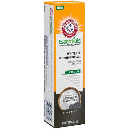 ARM & HAMMER Essentials Fluoride-Free Toothpaste Whiten + Activated Charcoal-4 Pack of 4.3oz Tubes, Clean Mint- 100% Natural Baking Soda