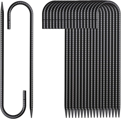 Rebar Stakes 16 Inch 20 Pack J Hook Ground Stakes Heavy Duty Tent Stakes Chain Link Fence Stakes with Chisel Point End Galvanized Steel Ground Anchors Metal Spikes Black Coated