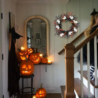 20-Inch Halloween Wreath - Handmade Orange & Black Berry Wreath with Adorable Mini Ghosts, Spooky Front Door Decor for Halloween Party