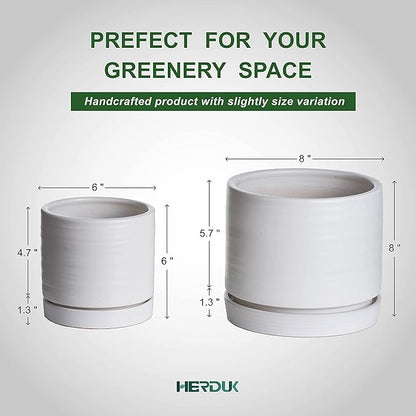 6 + 8 Inch Plant Pots, Ceramic Planter Pot with Drainage Hole & Saucer, Indoor/Outdoor Cylinder Round Planter Pot, Matte White