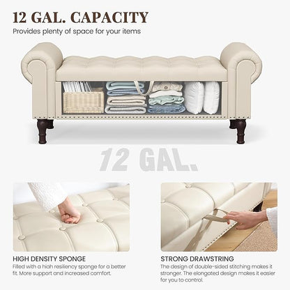 51" Storage Ottoman Bench for Bedroom, Full Queen Storage Bench with Button, Upholstered Bedroom Bench with Rolled Arms for Living Room, Storage Room, Entryway, Beige+Brown Legs
