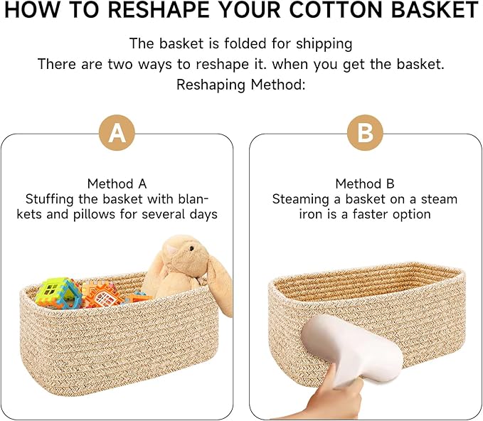 Small Storage Baskets for Organizing | Closet Organizer Bins | Shelf Toy Basket | Woven Rope Baskets | Cube Decorative Box | Shallow Basket | 13x8.5x5.1” | 3 Packs Navy Blue