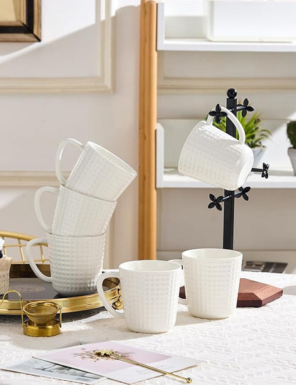 Ceramic Coffee Mugs 15 oz, Large Waffle Embossed Mug Set, Coffee Cups for Latte, Cappuccino, Cocoa, Hot Tea, Mocha, Milk, Housewarming Wedding Present, Microwave & Dishwasher Safe - Set of 6 (White)