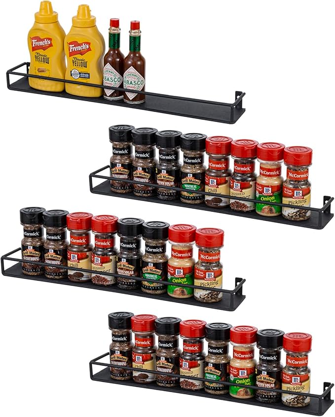 MyGift 16 Inch Wall Mounted Black Metal Nail Polish and Essential Oil Display Shelves, Kitchen Hanging Racks for Seasoning Shakers or Spice Jars, Set of 5