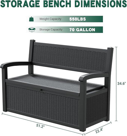 70 Gallon Lockable Outdoor Storage Bench Waterproof, Deck Box Bench for Patio, Porch, Garden, Poolside, Stores Tools & Pool Supplies, Heavy-Duty Outdoor Bench with Storage, Black