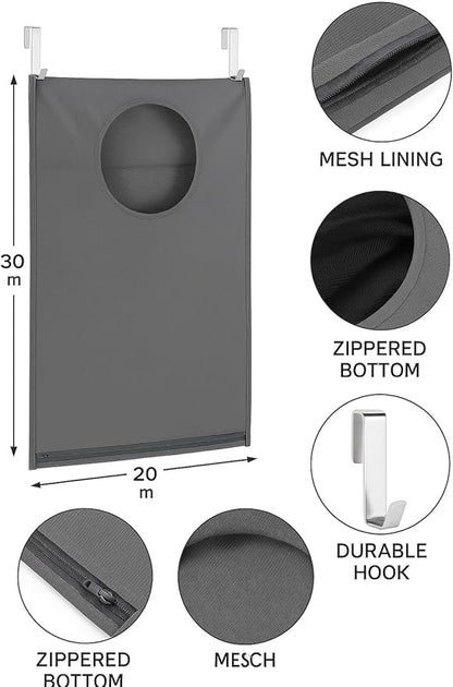 Hanging Laundry Hamper Bag – Space-Saving Dirty Clothes Storage with Free Adjustable Stainless Steel Over-the-Door Hooks & 2 Suction Cup Hooks – Ideal for bathrooms, bedrooms & dorms