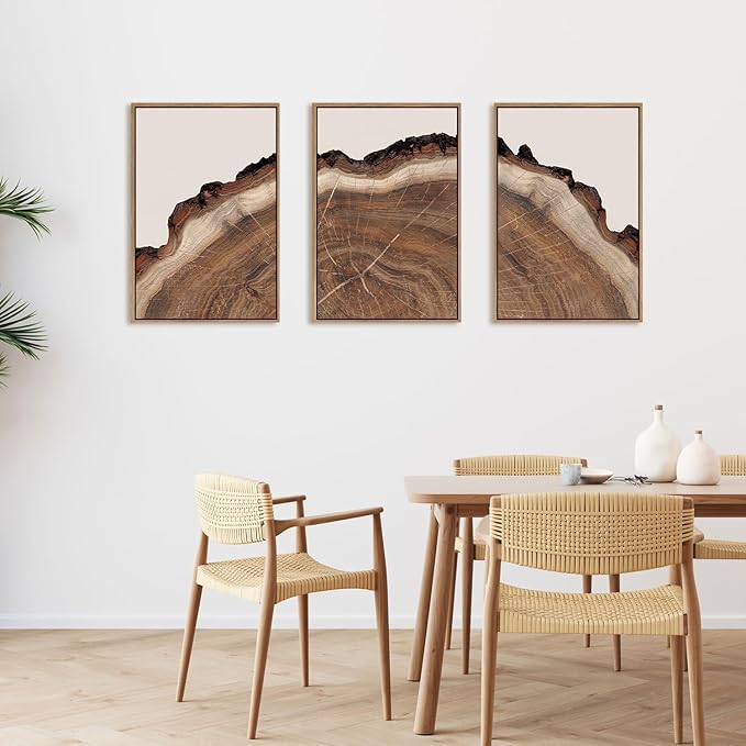 HPINUB Framed Tree Rings Wood Wall Art Set, Modern Beige Wood Stump Wall Decor, Abstract Black and Gray Tree Spiral Wall Painting, Nature-Inspired Art Print for Living Room, Bedroom, Office-24"x36"x3