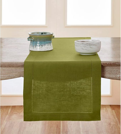 Solino Home Linen Avocado Green Table Runner 90 Inches Long - 100% Pure Linen Hemstitch 14 x 90 Inch Table Runner for Dining, Fall, Autumn, Thanksgiving - Classic Hemstitch