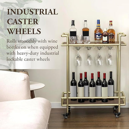 MyGift 2 Tier Rolling Bar Cart, Vintage Brass Tone Metal Cocktail and Wine Trolley with Burnt Wood Shelf Trays, Wine Glass Stemware Holder Rack and Lockable Wheels