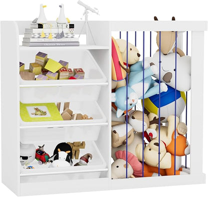Kids Toy Storage Organizer with 3 Removable Plastic Bins Toddler Montessori Bookshelf with Stuffed Animal Net Holder Baby Bookcase Plush Organizer for Playroom,Bedroom,Kids Room,Classroom,Nursery