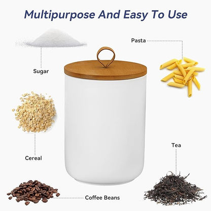 Ceramic Storage Jars, Modern Elegant Highly Polished Airtight Gorgeous Storage Canisters with Wooden Lid Small Food Stroage Jar for Kitchen Spice Tea Vanilla Sugar Coffee Beans (White tuba)