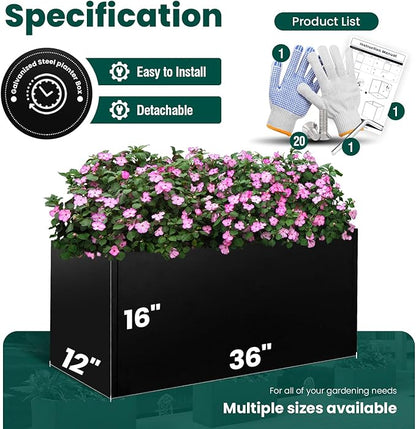 Black Planter Box Galvanized Steel Metal Planter Rectangular Indoor Large Outdoor Planters Steel Metallic Heavy Flower Pot 36In x 12In x 16In Commercial Residential for Patio, Deck, Backyard, Garden