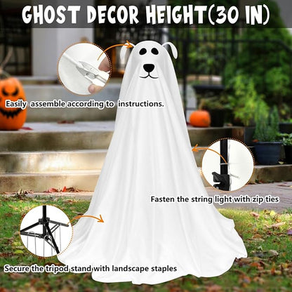 DAZONGE Halloween Decorations, Light-Up Freestanding Spooky Ghost Dog with Remote String Lights Battery Operated, Halloween Ghost Dog for Front Door Porch Yard Lawn Home Party