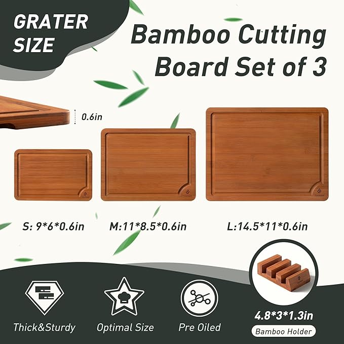 3 Packs Bamboo Cutting Board Set with Non Slip Feet Holder and Over Sink Nice Solid Thick Wood Juice Groove Chopping Board Extra Large Big Small Best Hardwood Kitchen Organic Vegetable Meat BBQ Kit