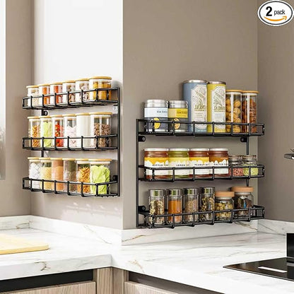 SUFAUY 2 Pack Spice Rack Wall Mount, 3 Tier Narrow Spice Rack Hanging Small Shelf for Cupboard, Black