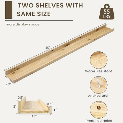 Floating Shelves for Wall, Picture Ledge Shelf 55 Inch Solid Wood Set of 2, Rustic Wall Shelves with Lip, Kids Bookshelf, Photo & Picture Live Edge Floating Shelves for Bedroom, Living Room, Kitchen