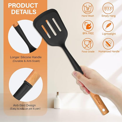 Silicone Cooking Utensils Set, 6 Pack Large Kitchen Utensils Set with Wooden Handle, Heat Resistant Silicone Utensil Spatula Set for Nonstick Cookware, Spatula, Turner, Spoon, Ladle BPA Free (Black)