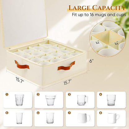2 Pack Cup and Mug Storage Box with Dividers and Hard Shell, Stackable Coffee Cup Storage Organizer with Lid, Zipper, and Handles for Coffee Mugs, Cups, Glasses, Stemware Storage Containers for Moving