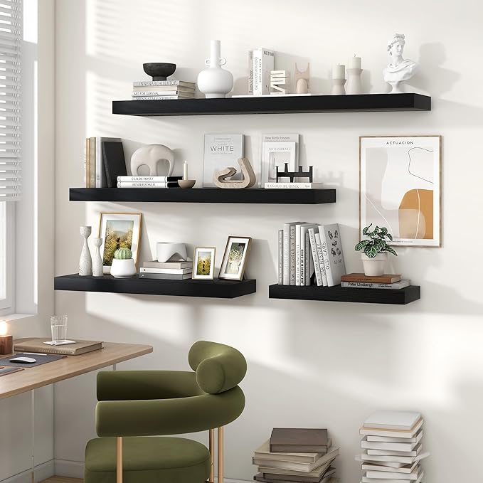 Heimlove 48" Black Floating Shelves for Wall,10 Deep Rustic Wood Display & Storage Wall Shelves with Heavy Duty Brackets for Bathroom,Bedroom,Kitchen,Living Room,Office,Set of 2