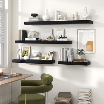 Heimlove 55 Inch Floating Shelves for Wall,10 Deep Large Black Wall Shelf with Heavy Duty Brackets,Wall Mounted Storage & Display Shelves for Bedroom,Living Room,Kitchen,Office