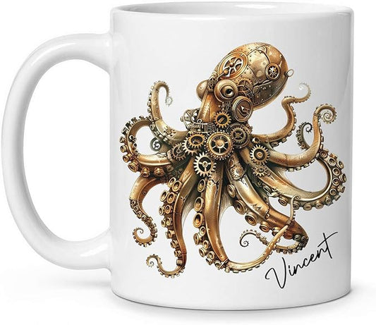 Personalized Unique Name Ceramic Mug 11oz, Customized Steampunk Octopus Mug With Mechanical Themed, Gear-Filled Octopus White Coffee Mug, Gift For Friends, Coworkers, Kids Mug