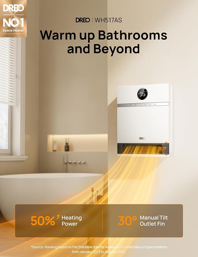Dreo Smart Wall Heater, IP24 Electric Space Heater with ALCI Plug for Indoor Use, 30° Oscillation, Adjustable Thermostat, Remote Control, Works with Alexa, 24H Timer, Easy-mounted Heater for Bathroom