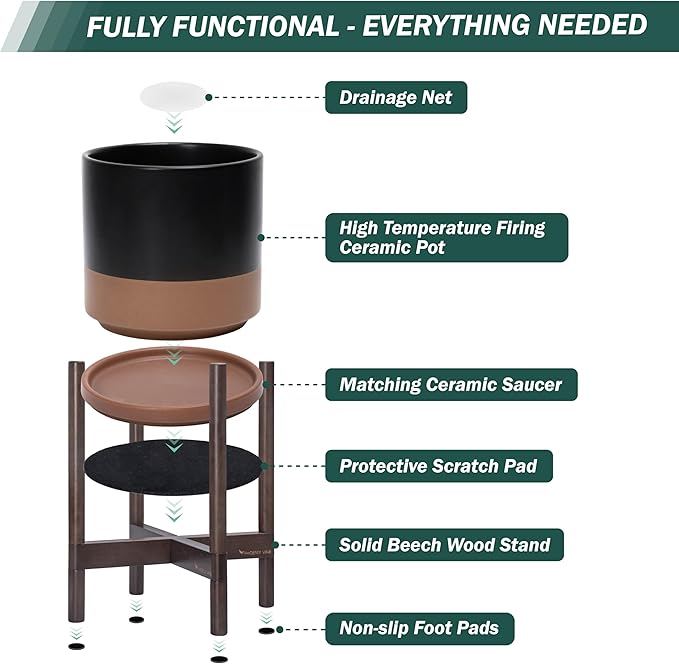 D'vine Dev Ceramic Planter with Walnut Color Stand - 10 Inch Modern Round Flower Pot with Wood Planter Holder, Black/Speckled Tan, 55-B-X-7