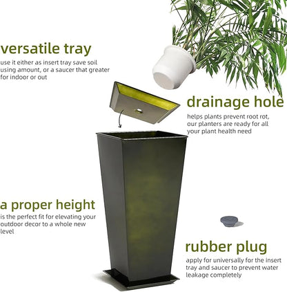 KOL 25'' & 28'' Tall Bright Glazed Planter with Insert, Set of 2, Galvanized Steel Planter Metal Pots with Drainage Hole for Indoor & Outdoor Use, Decorative Plant Pots for Front Porch, Patio - Green