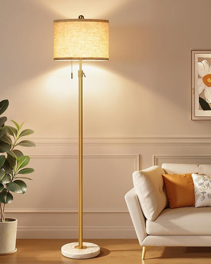 Modern Gold Floor Lamp for Living Room - Adjustable Height Standing Lamp with Marble Base & Linen Shade, 3-Way Dimmable Tall Floor Light for Bedroom, Reading, Bulb Included