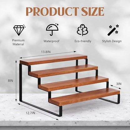 4 Tier Wooden Display Riser Stand Perfume Organizer with Metal Stand, Dessert Table Display Set, Food Display Stands for Party, Brown Rustic Solid Wood Shelf for Cupcakes, Perfume, Cologne, Spiece
