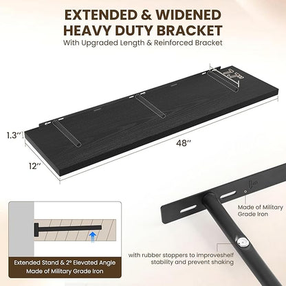 48" Floating Shelves for Wall, 12" Deep Slim Black Floating Shelves, Wall-Mounted Shelves for Bedroom, Living Room, Kitchen, Bathroom - Set of 2