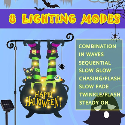 Halloween Lighted Garden Flag for Outside, Witch Feet Shape Flag Yard Decor, 8 Modes 12x18 Double Sided Cauldron Eyeball Black Cat Outdoor Hlloween Decorations for Home Porch（Warm White-12x18）
