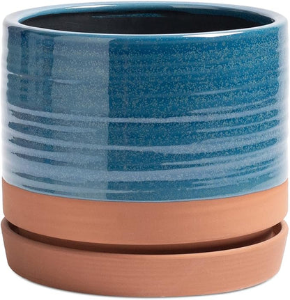 8 Inch Pots for Plants, Ceramic Planter Pot with Drainage Hole & Saucer, Indoor/Outdoor Cylinder Round Planter Pot, Blue & Terracotta