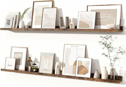 Fun Memories Picture Ledge Shelves Set of 2, 55 Inch Rustic Wall Mounted Floating Shelves with Lip for Home Storage and Décor in Bathroom, Kitchen, Nursery, Bedroom, Living Room, Brown