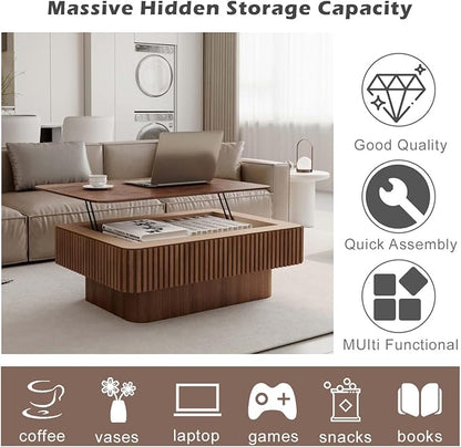 Lift Coffee Table with Storage & Adjustable Height, Solid Wood Coffee Table Fluted Center Table Accent Tea Table or Living Room, Apartment, Office (38.6" Walnut)