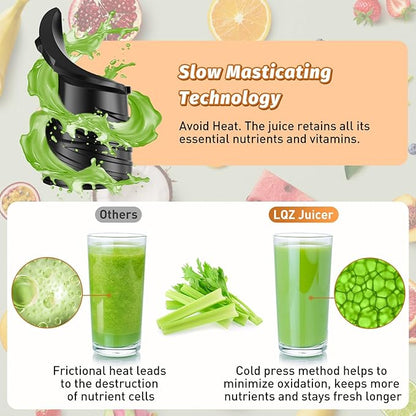 Cold Press Juicer, Juicer Machines with 5.4" Wide Feed Chute for Juice Extractor, Professional Slow Masticating Juicer for Whole Vegetables & Fruits with High Juice Yield, Easy to Clean (Black)
