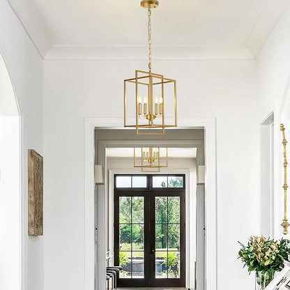 Farmhouse Gold Chandelier, 4-Light Vintage Chandeliers for Dining Room, Adjustable Modern Rustic Metal Hanging Pendant Light Fixture for Entryway Foyer Kitchen Island Hallway