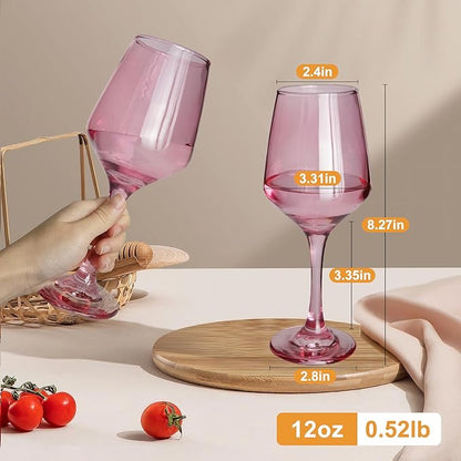 Pink Wine Glasses Set of 6-12oz Pink Long Stem Wine Glass Cups, Pink Pretty Crystal Glassware, Hand Blown Goblets Drinkware, Unique Drinking Stemware Holiday Gift Set for Women
