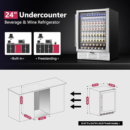 24 Inch Beverage Refrigerator, Beverage Cooler 180 Can Built-in Design, Under Counter Beer Fridge with Glass Door for Soda, Wine, Water - For Kitchen, Office or Bar