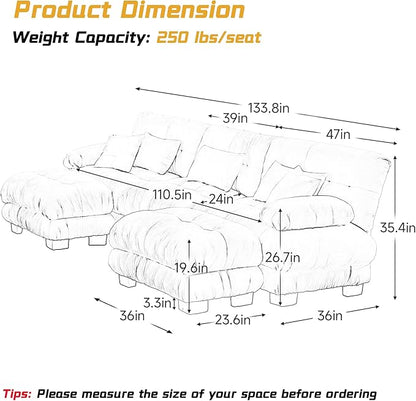U Shaped Couch Sectional Couch, 3-Seater Cloud Couch Sectional Oversized Couch, Sofa Bed Couch with Round Bolster Armrests 5 Pillows, Modular Couch Home Sofa Living Room Couch(White)