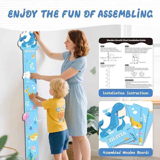 Personalized Name Growth Chart, Marine Animals Wooden Growth Chart for Kids, Height Chart for Boys Girls, Measuring Board for Kids Height for Child's Room, Nursery Decor Decoration