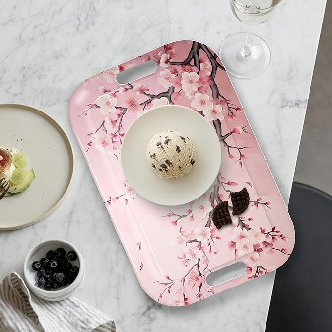Serving Trays with Handles, 14.5 x 9.8 inch Rectangular Plastic Tray for Restaurant, Kitchen, Pink Cherry Blossom