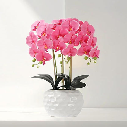 Orchid Artificial Flowers with White Vase Large Silk Faux Phalaenopsis Flowers for Dining Room Table Floral Centerpieces Indoor Decoration,Fuchsia