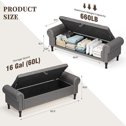 YOUDENOVAn 60”Bench with Storage, Upholstered Tufted Button Window Bench with Plenty Hidden Storage Space,Faux Leather Ottoman Bench for Bedroom, Living Room, Entryway，Grey
