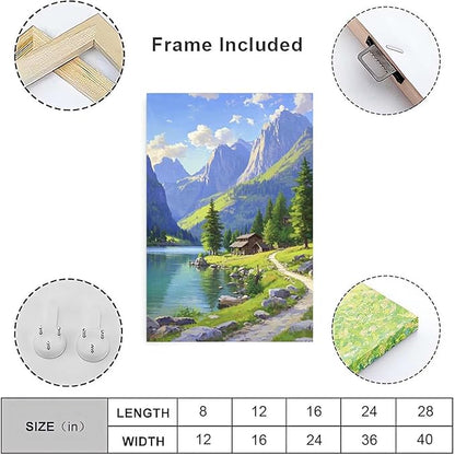 Landscape wall painting of mountain forest lakeside cabin under blue sky and white clouds natural oil painting poster suitable for living room bedroom office