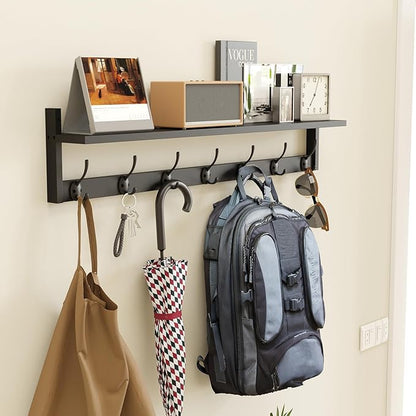 BAMEOS 35 Inch Wall Hooks With Shelf - Entryway Hanging Wood Coat Rack With 7 Dual Hooks for Bathroom, Living Room, Bedroom (Black)