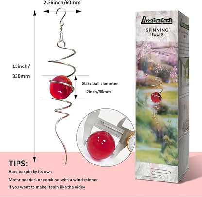 Gazing Ball Spiral Decorative Wind Spinner Sun Catcher 11inch Tail and 2 inch Glass Orb. Indoor Outdoor Garden Decoration Wind Sculptures Wind Spinner Tail-13 inch Height (red)