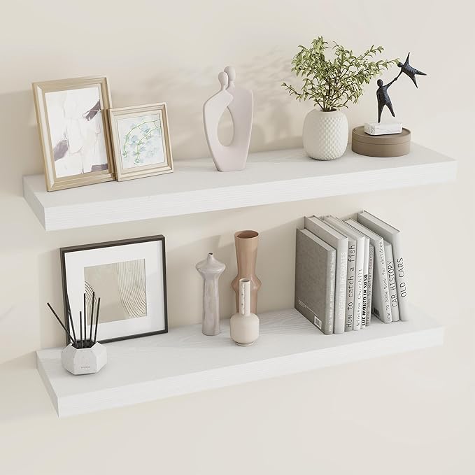 36 inch Floating Shelves Wall Shelves for Office with Invisible Brackets, 8 inch Deep Shelves for Bathroom, Living Room, Kitchen, Office, 36x7.9 inch deep Set of 2, White