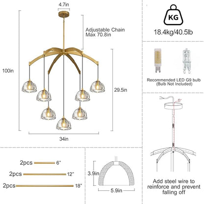 Modern Gold Chandelier, 34 inch Crystal Chandeliers for Dining Room (7-Light), Elegant Decoration Light for Living Room, Foyer Brass Chandeliers