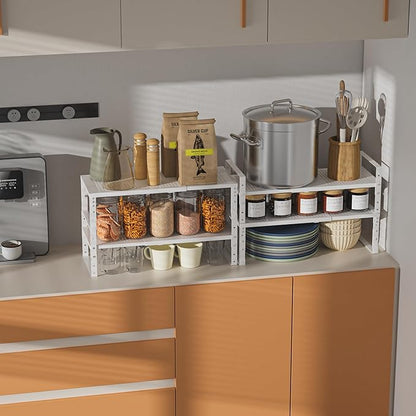 Expandable,Adjustable & Stackable Spice Rack, Cabinet Kitchen Countertop Shelf Organizer,Metal Pantry Storage Shelves - Space-Saving Storage Solution(2Packs/White/Medium)